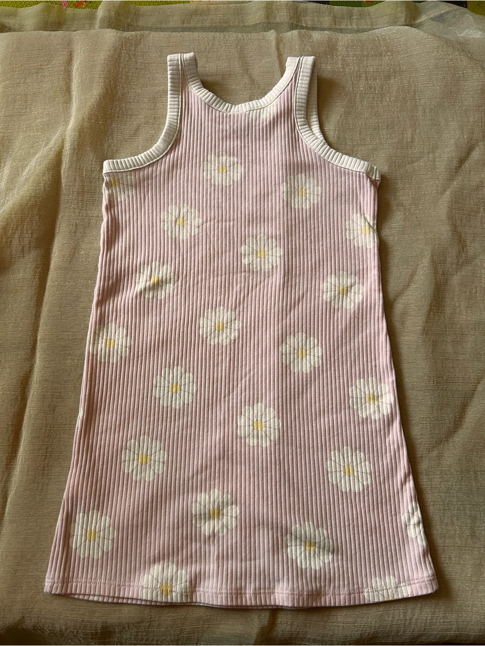 Old Navy Pink Ribbed Daisy Tank Dress with White Trim
